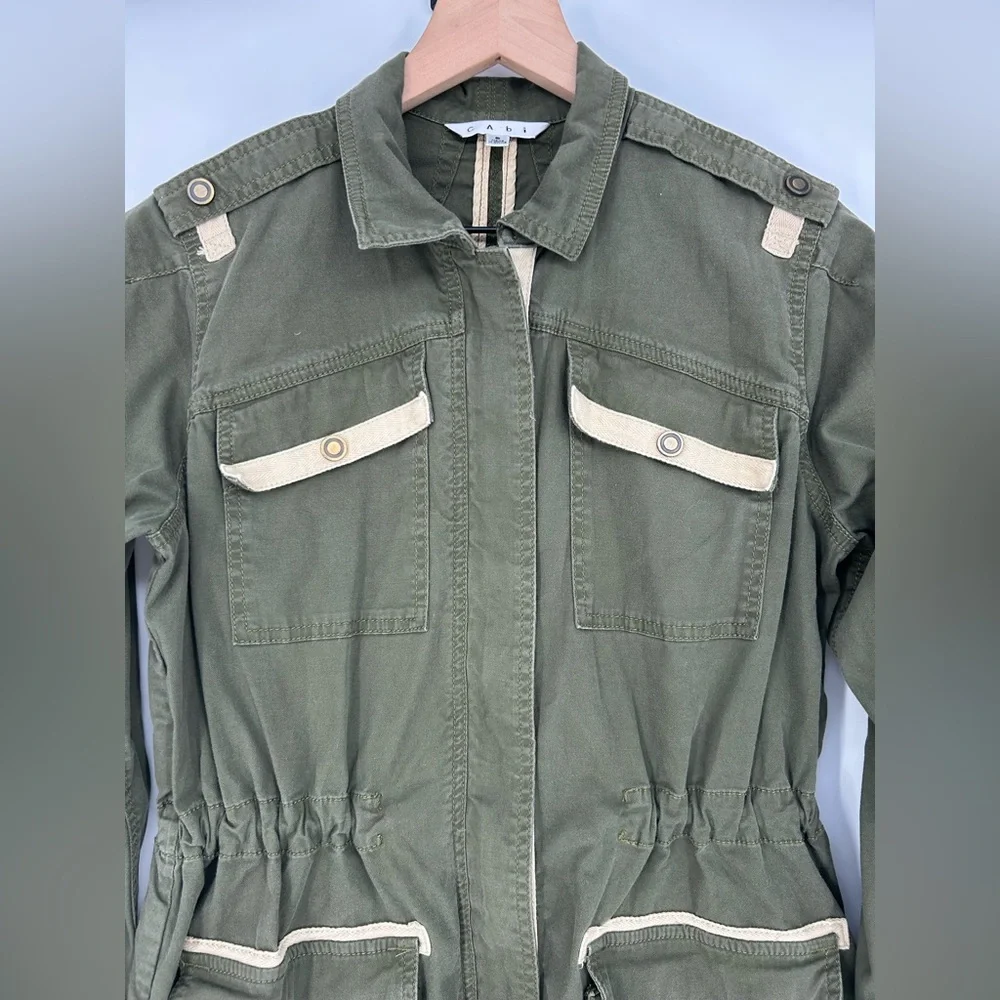 CABI Green Beige Drawstring Waist #722 Anorak Military Jacket Women's Size Small